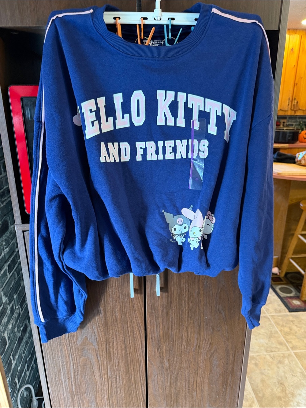 NWT Hello Kitty Navy Blue Crewneck Sweatshirt with Pink Stripe Accents size XL